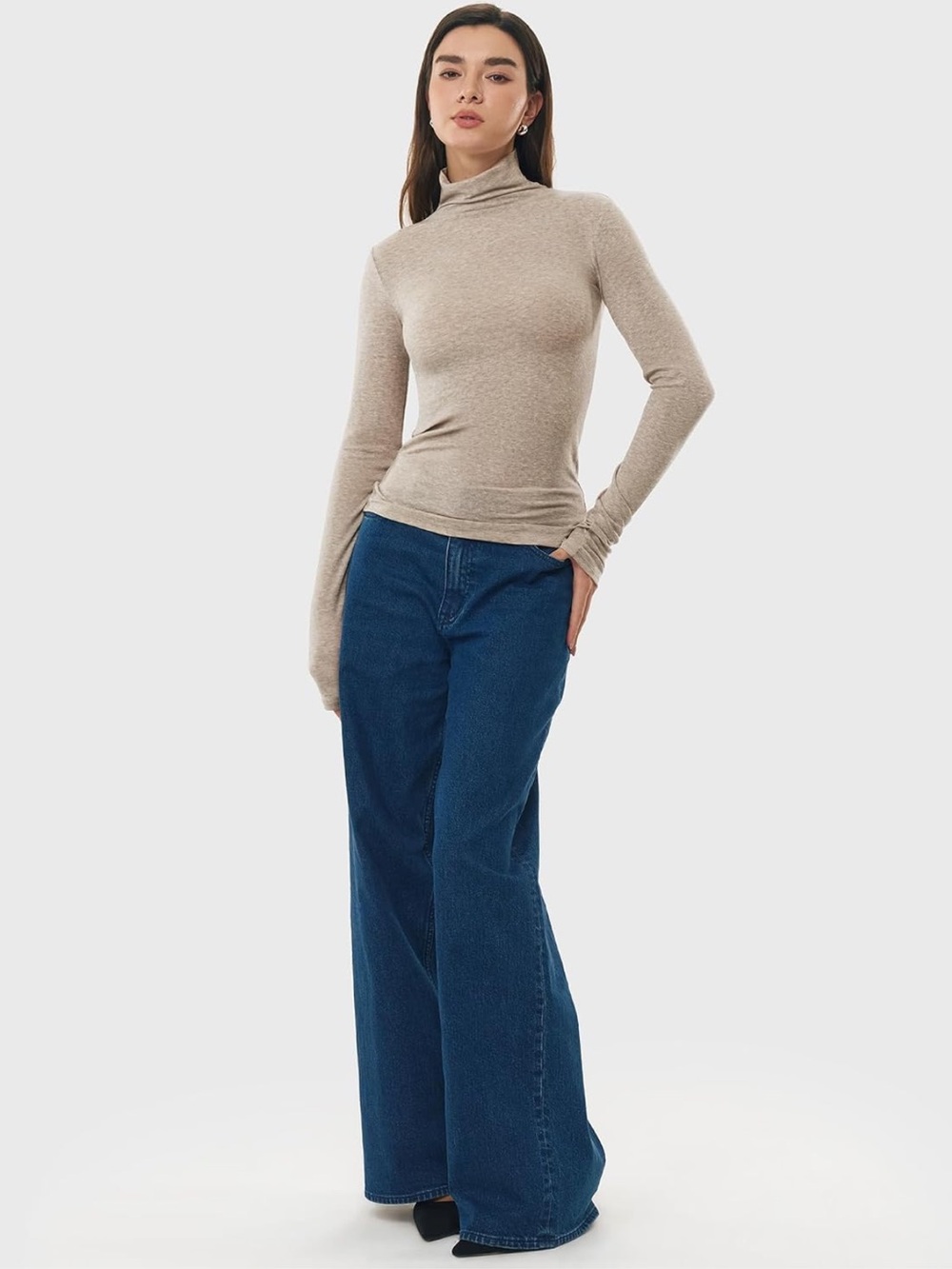 New C202 Turtleneck Long Sleeve Merino Wool Blend Shirt Heather Oatmeal $34.99